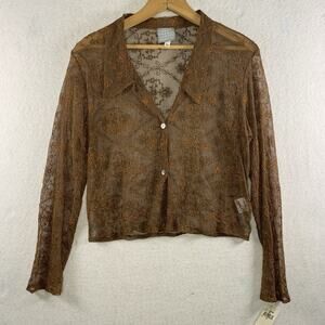 Vintage Womens Sheer Embroidered Button Top Sz M Brown Fairy Grunge Flawed